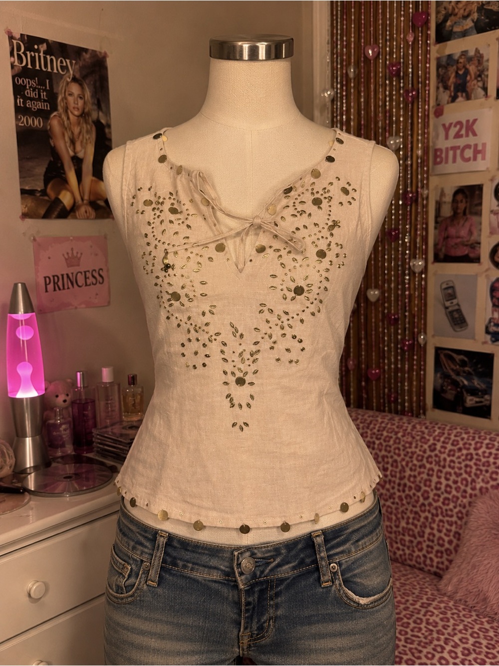 Carole Little Cream Embellished Tie-Neck Tank